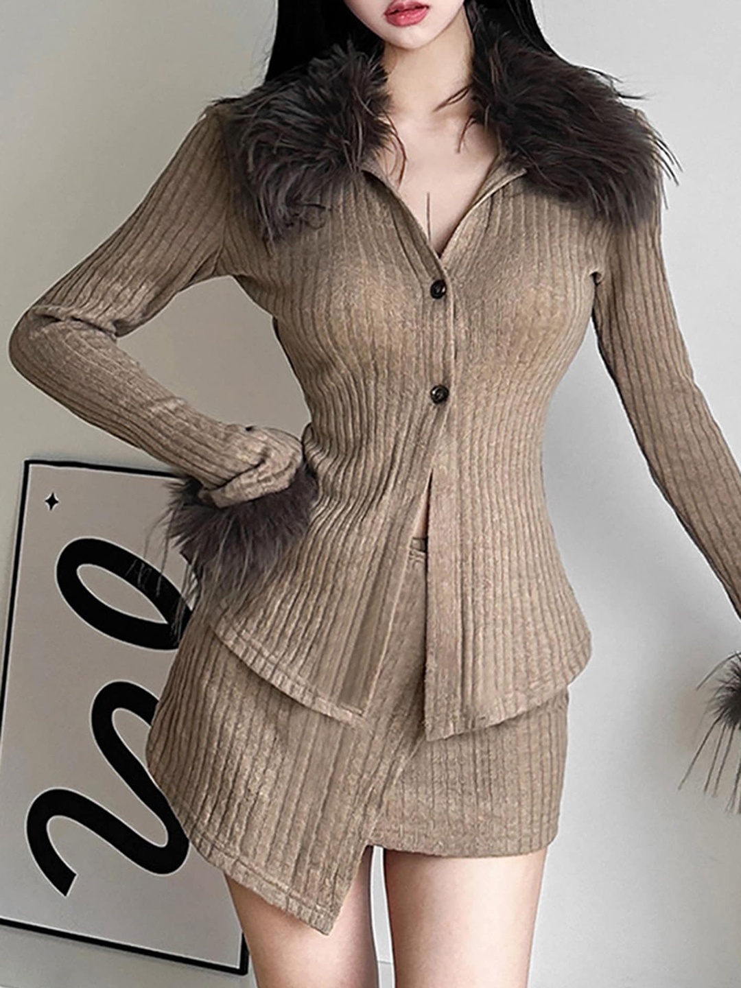 

LULU & SKY Ribbed Faux Fur Top With Mini Skirts Co-Ords, Brown