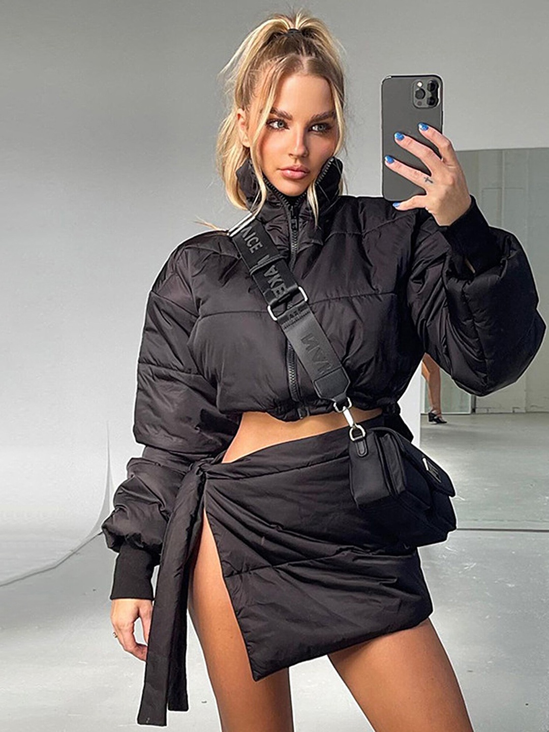 

LULU & SKY Puffer Crop Jacket With Skirt Co-Ords, Black