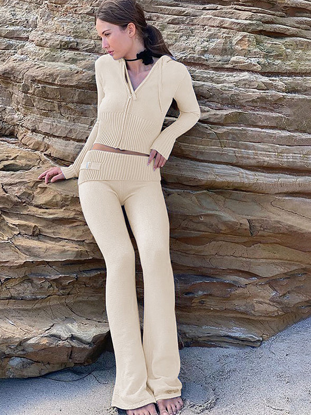 

LULU & SKY Rib-Knit Jacket With Trouser Co-Ords, Beige