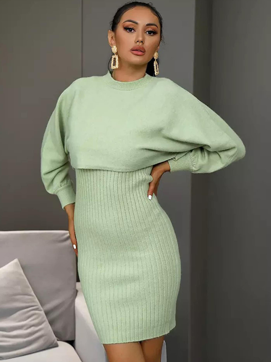 

LULU & SKY Self Design Cuffed Sleeves Jumper Mini Dress, Green