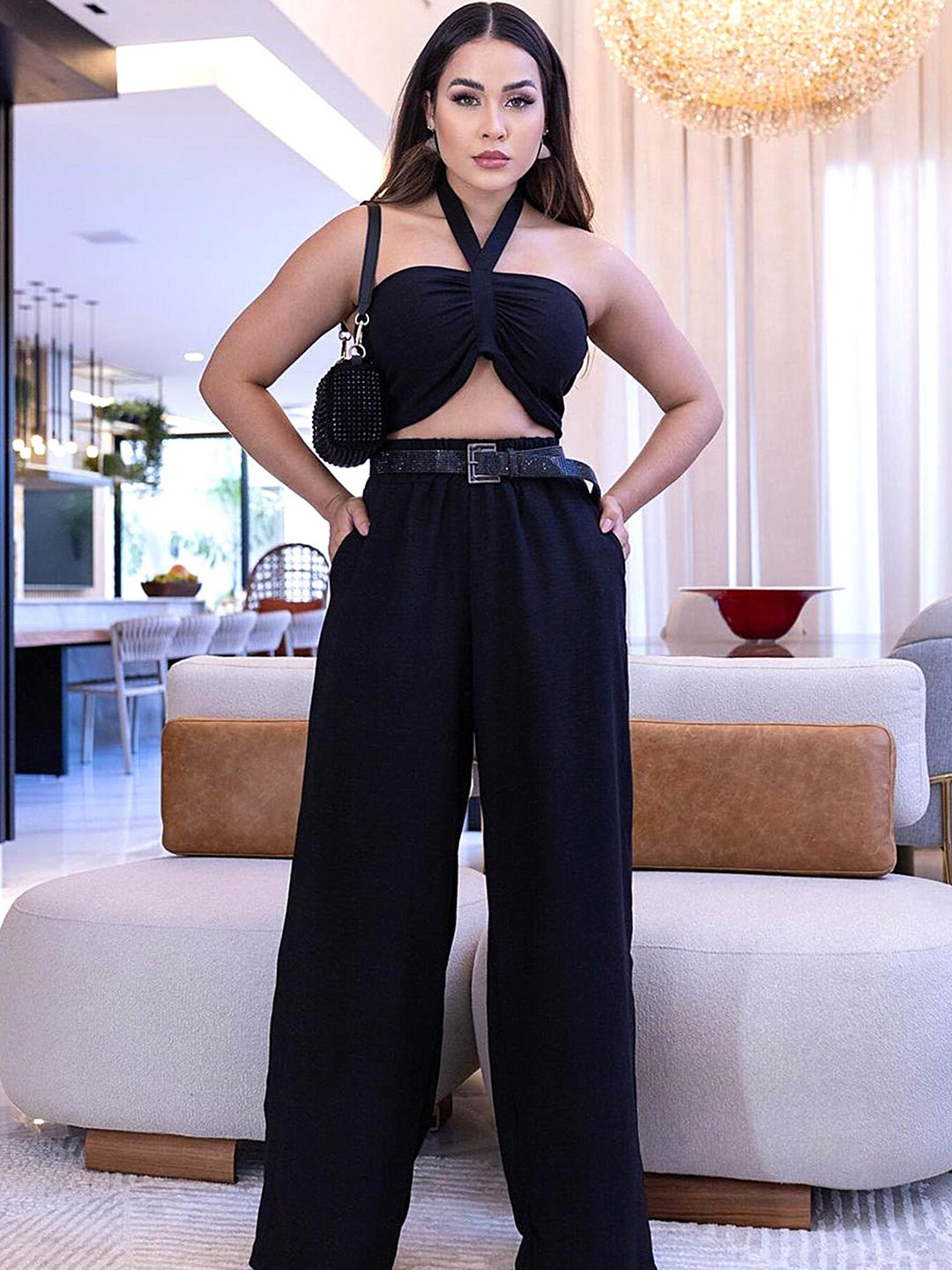 

LULU & SKY Halter-Neck Crop Top With Trouser, Black