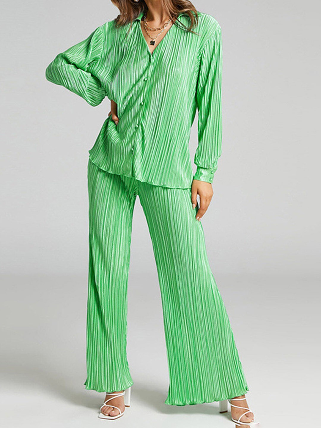 

LULU & SKY Self-Design Shirt With Trouser Co-Ords, Green