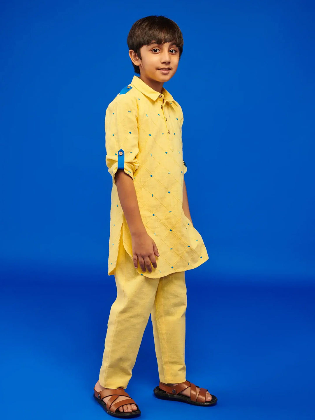 

Somersault Boys Geometric Embroidered Shirt Collar Kurta With Trouser, Yellow