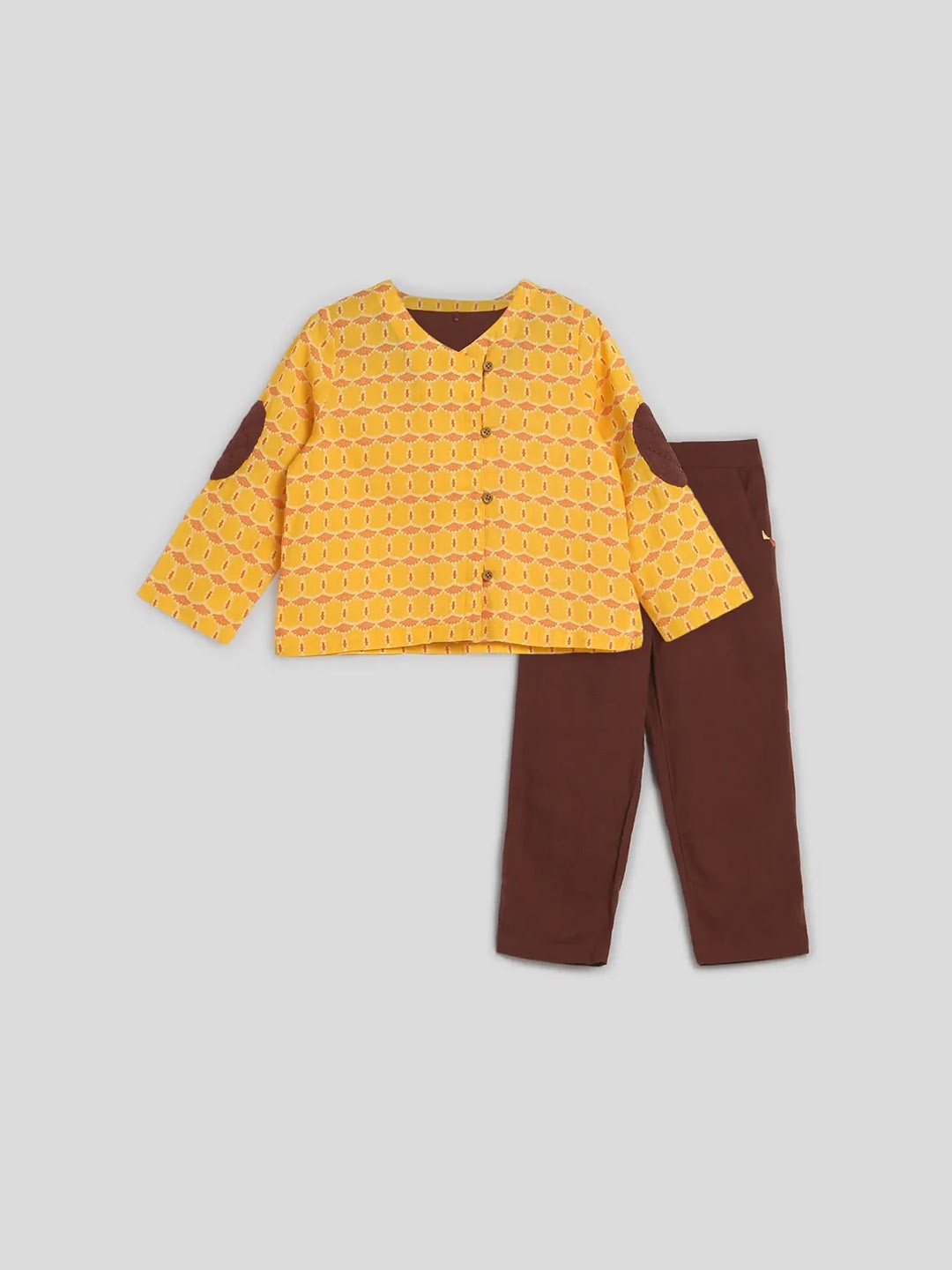 

Somersault Boys Printed V-Neck Long Sleeve Kurta With Trousers, Yellow