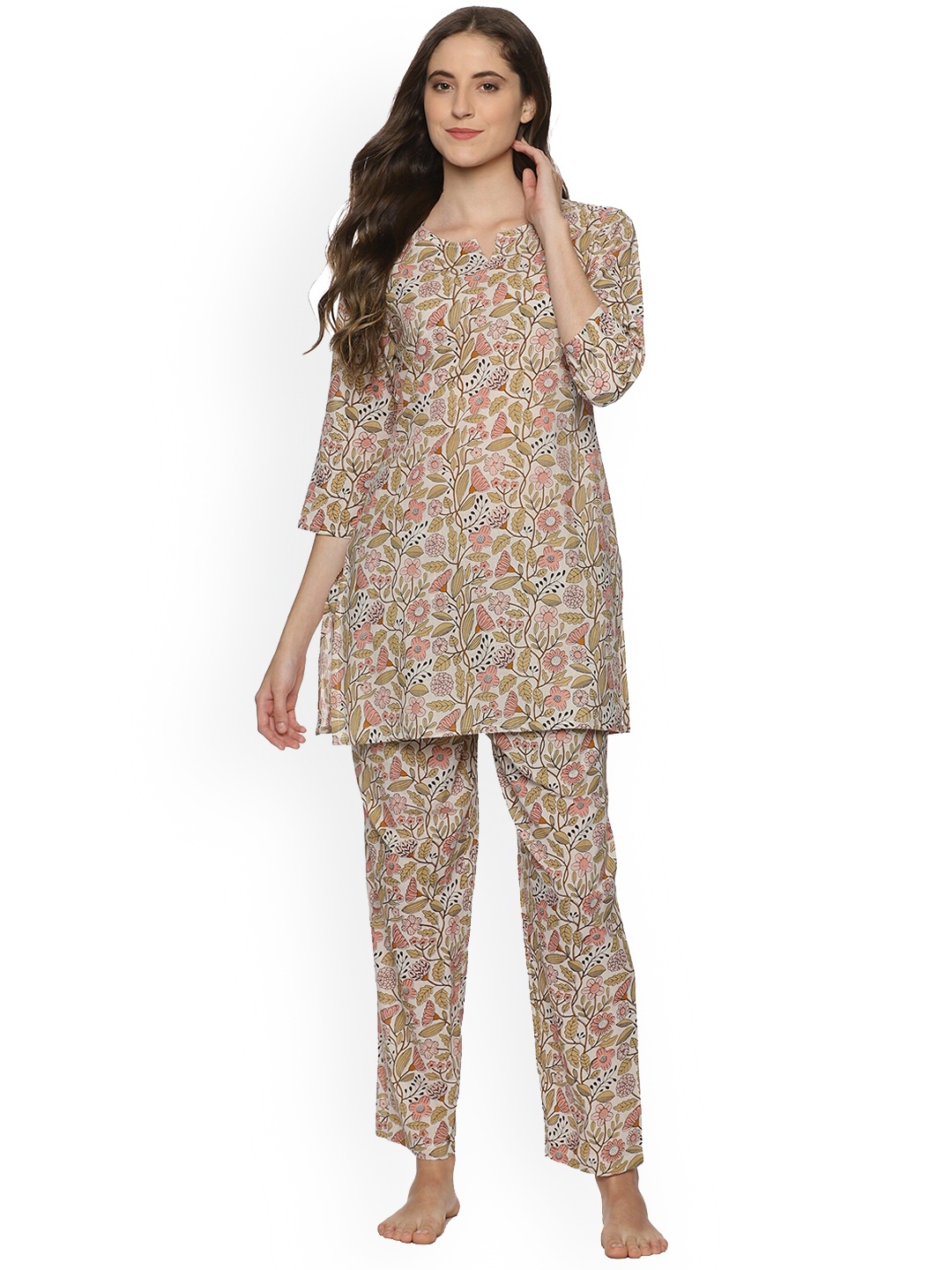 

Palakh Floral Printed Pure Cotton Night Suit, Off white