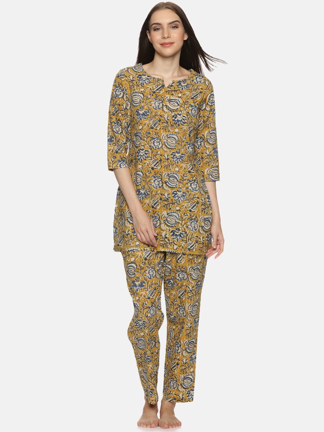 

Palakh Floral Printed Pure Cotton Night Suit, Mustard