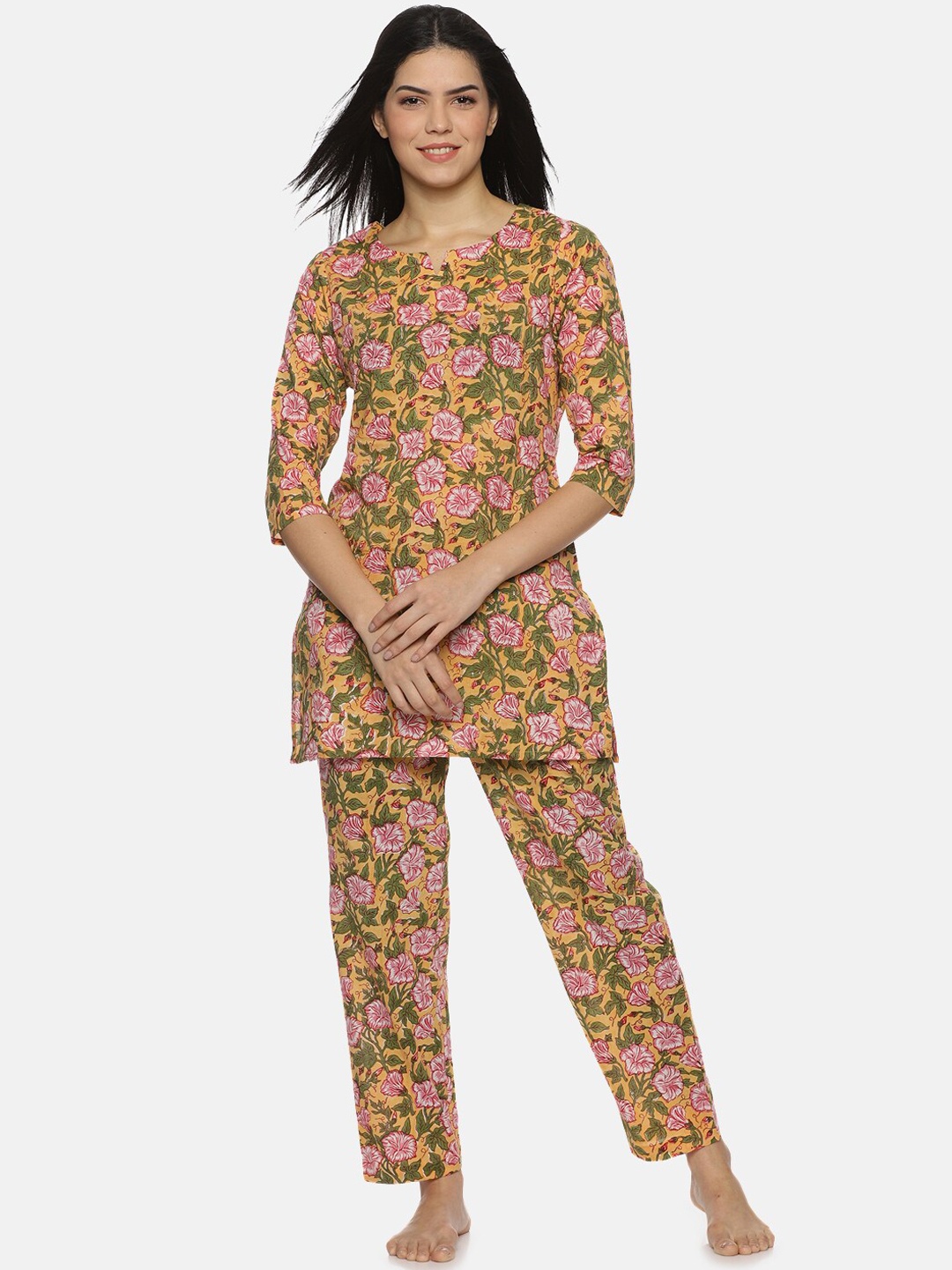 

Palakh Floral Printed Pure Cotton Night Suit, Yellow