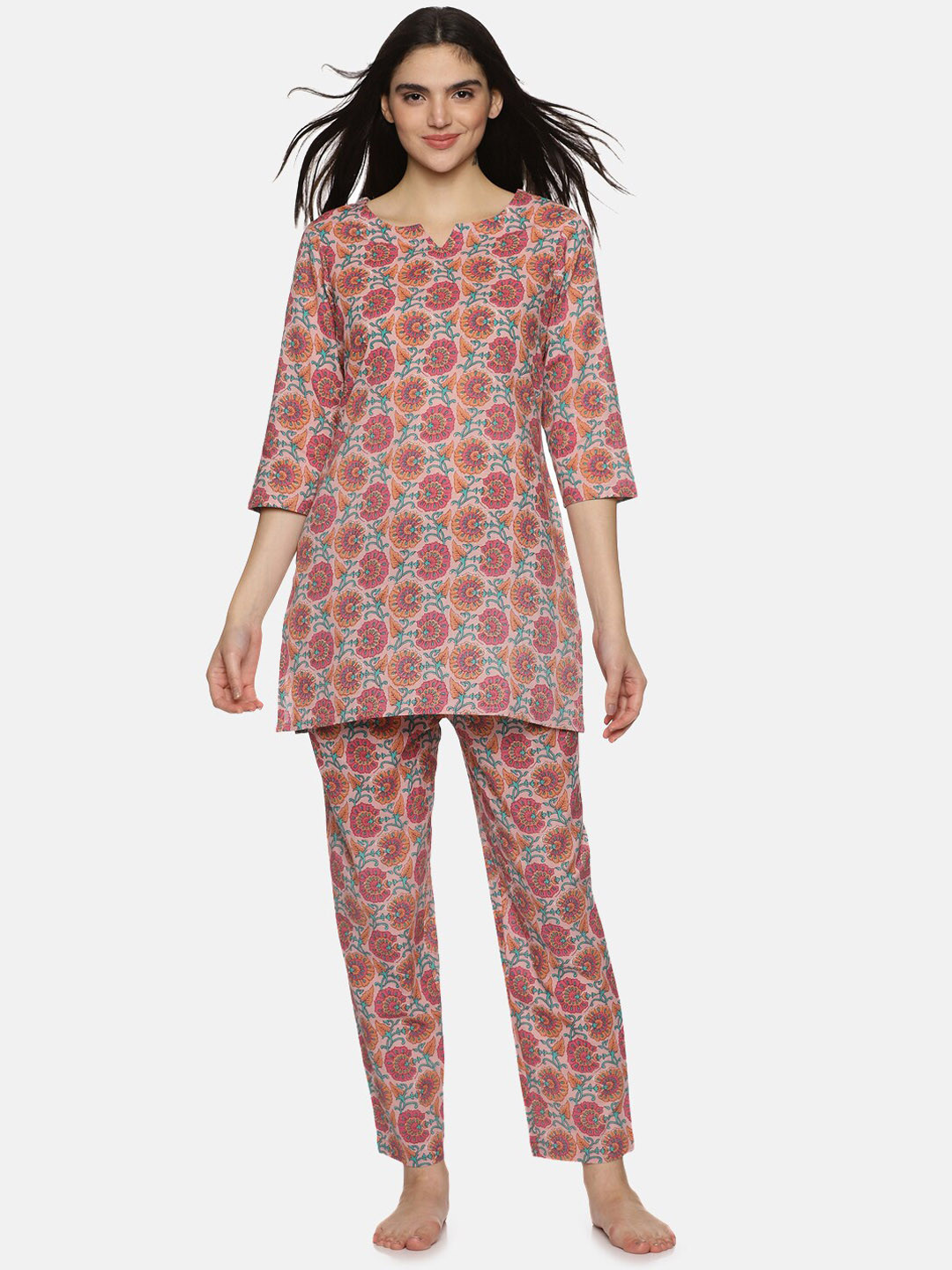 

Palakh Floral Printed Pure Cotton Night Suit, Pink