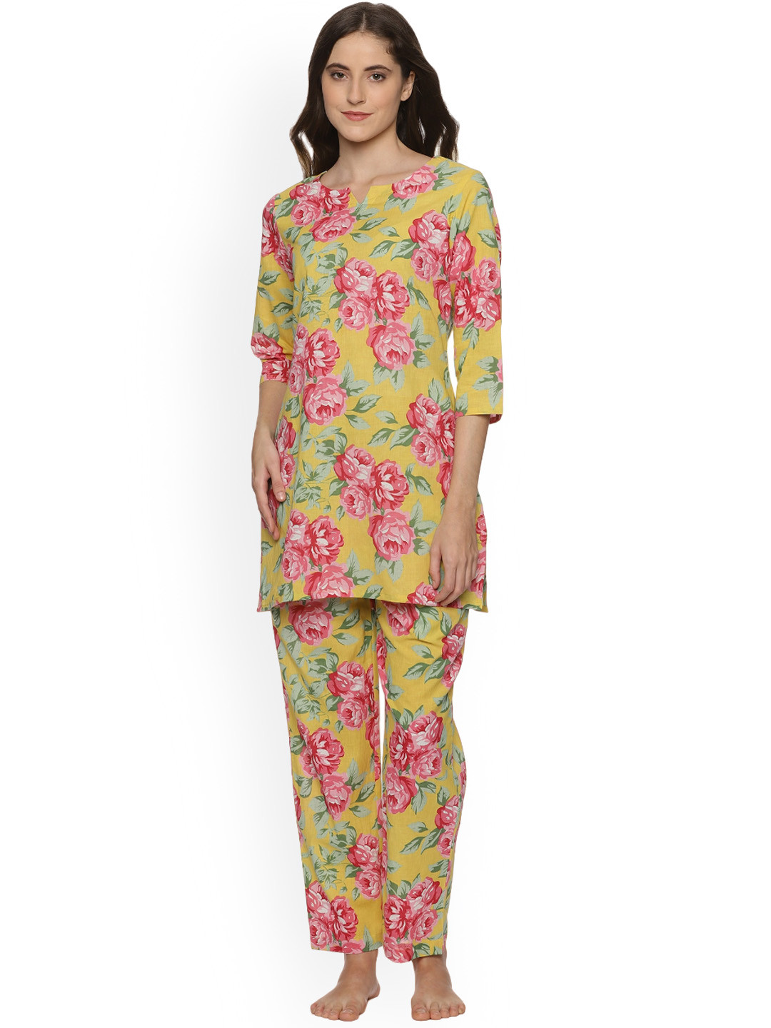 

Palakh Floral Printed Pure Cotton Night Suit, Yellow