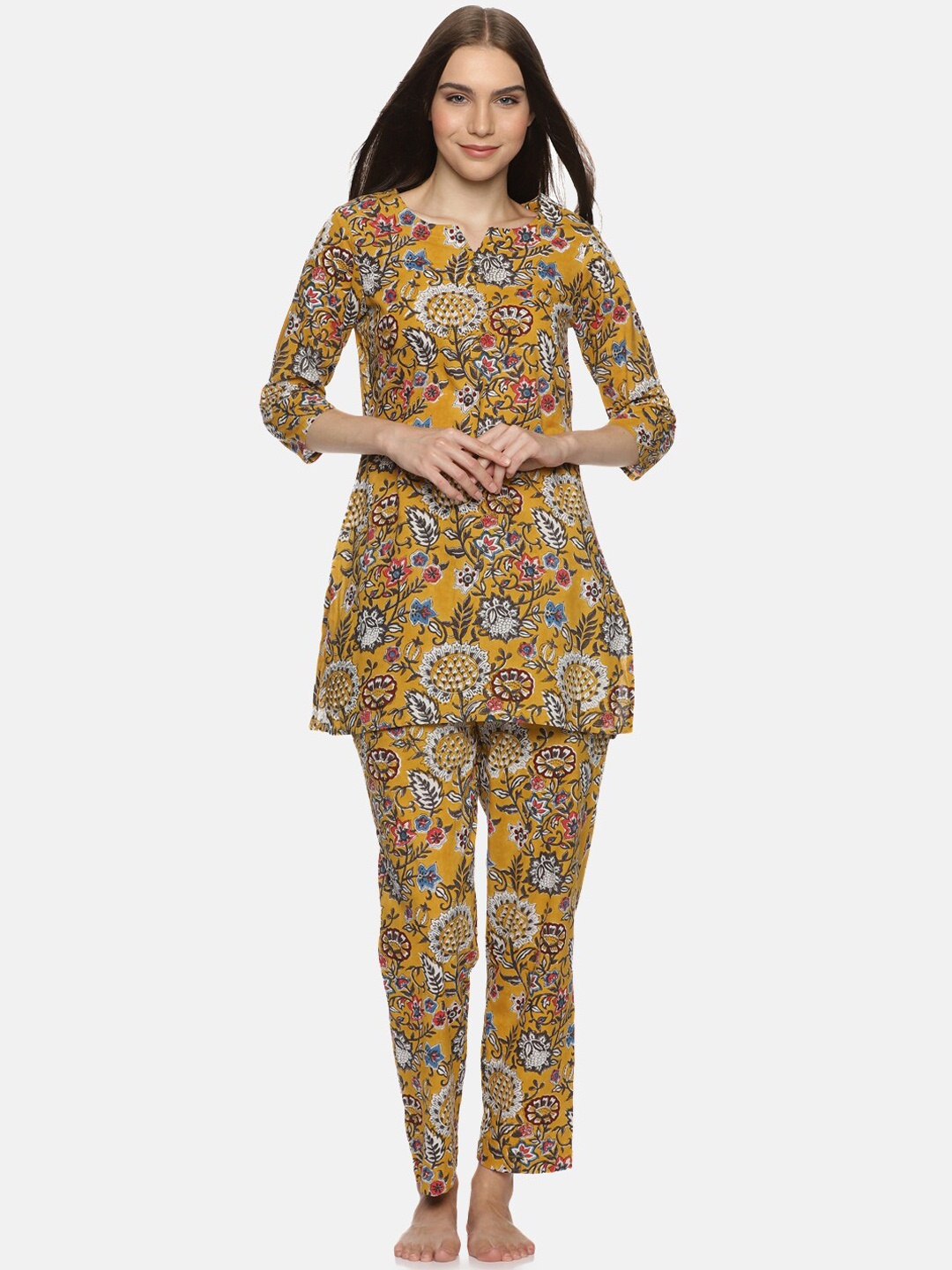 

Palakh Floral Printed Pure Cotton Night Suit, Mustard