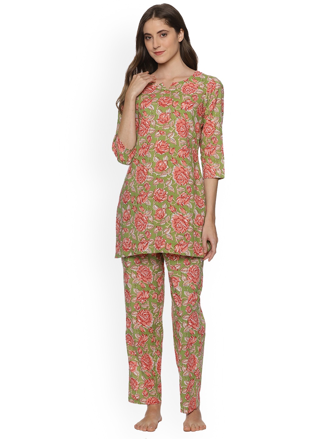 

Palakh Floral Printed Pure Cotton Night Suit, Green