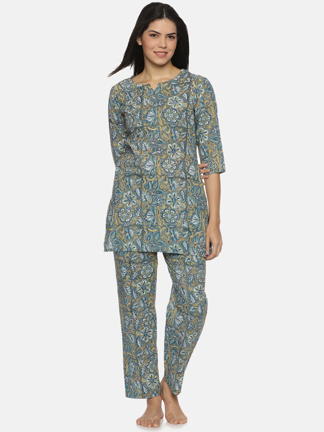 

Palakh Floral Printed Pure Cotton Night suit, Grey