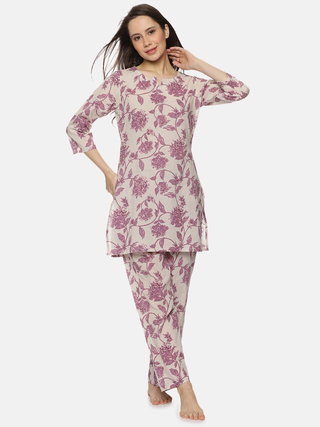 

Palakh Floral Printed Pure Cotton Night suit, Purple