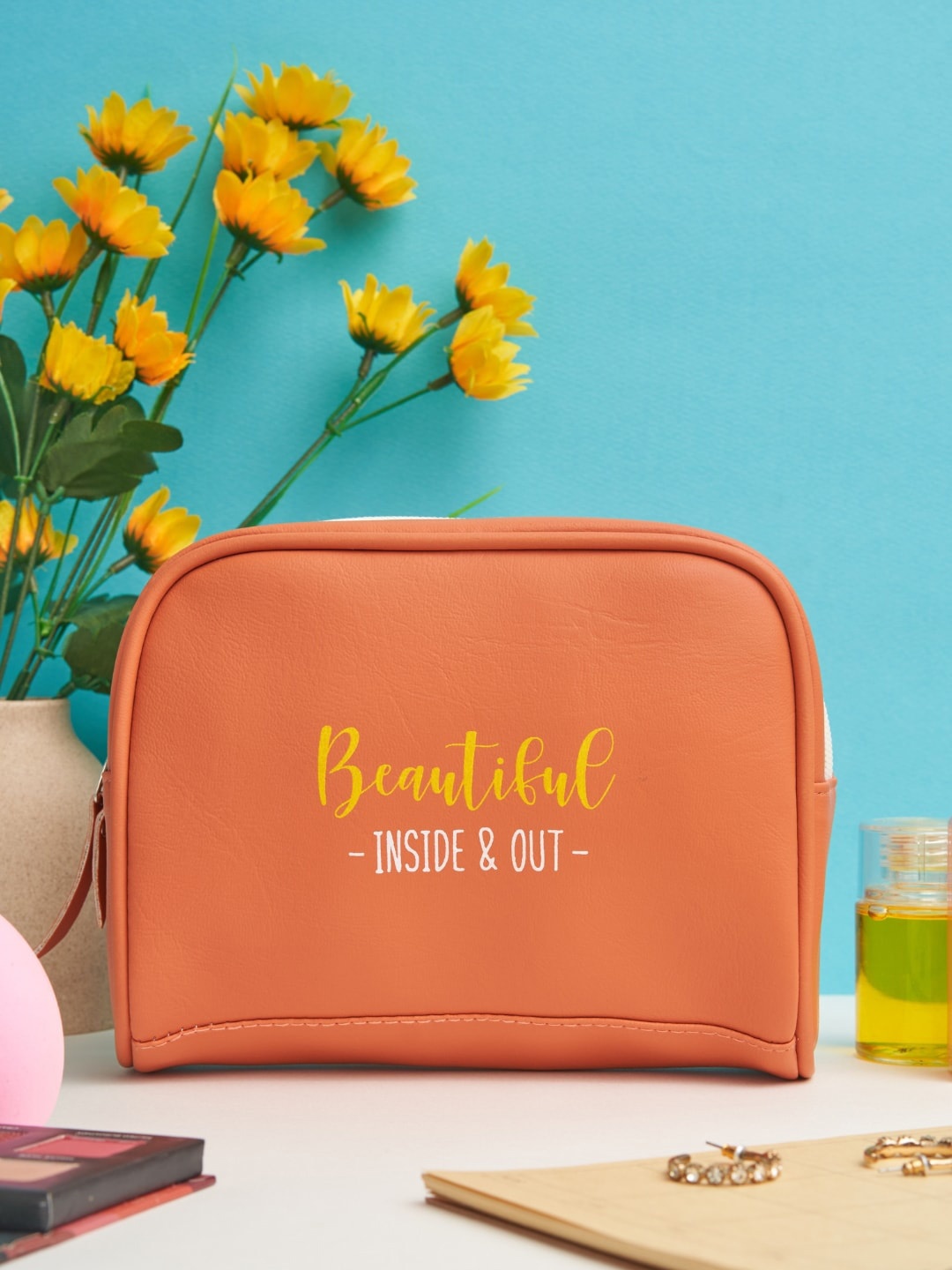 

Doodle Typography Printed Vegan Leather Travel Cosmetic Pouch, Orange