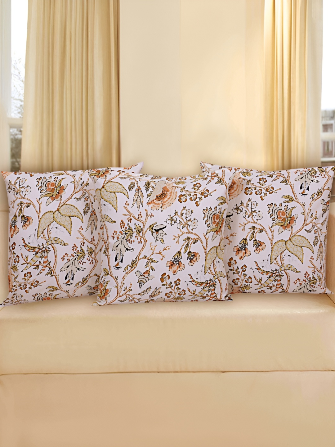 

Texstylers White & Brown 3 Pieces Cotton Floral Square Reversible Cushion Covers