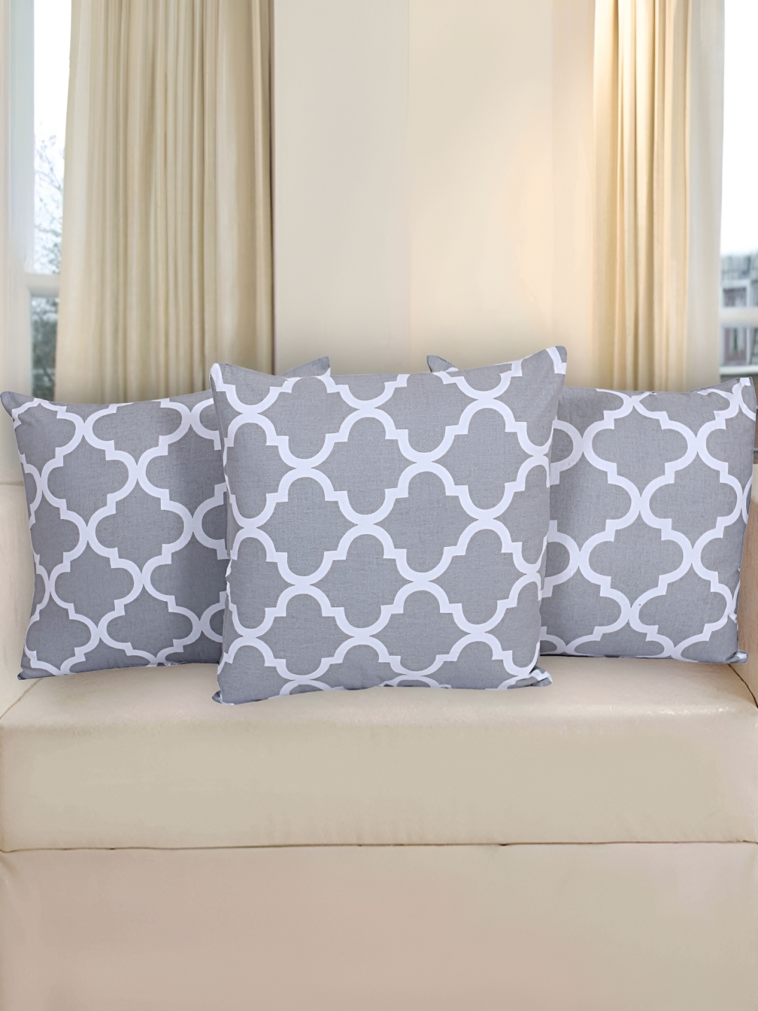 

Texstylers Grey & white 3 Pieces Cotton Ethnic Motif Square Reversible Cushion Covers