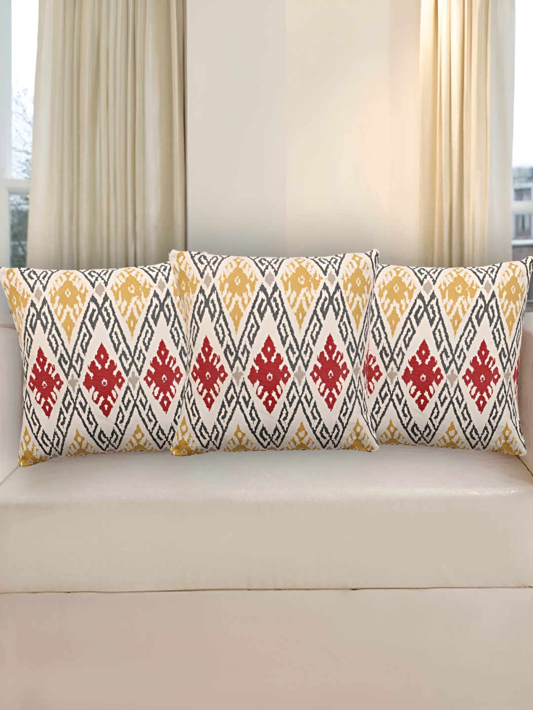 

Texstylers Beige & Red 3 Pieces Cotton Ethnic Motif Square Reversible Cushion Covers