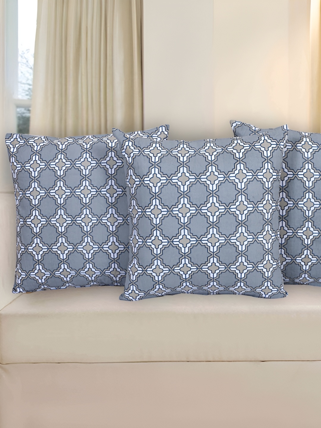 

Texstylers Grey & White 3 Pieces Cotton Geometric Printed Square Reversible Cushion Covers