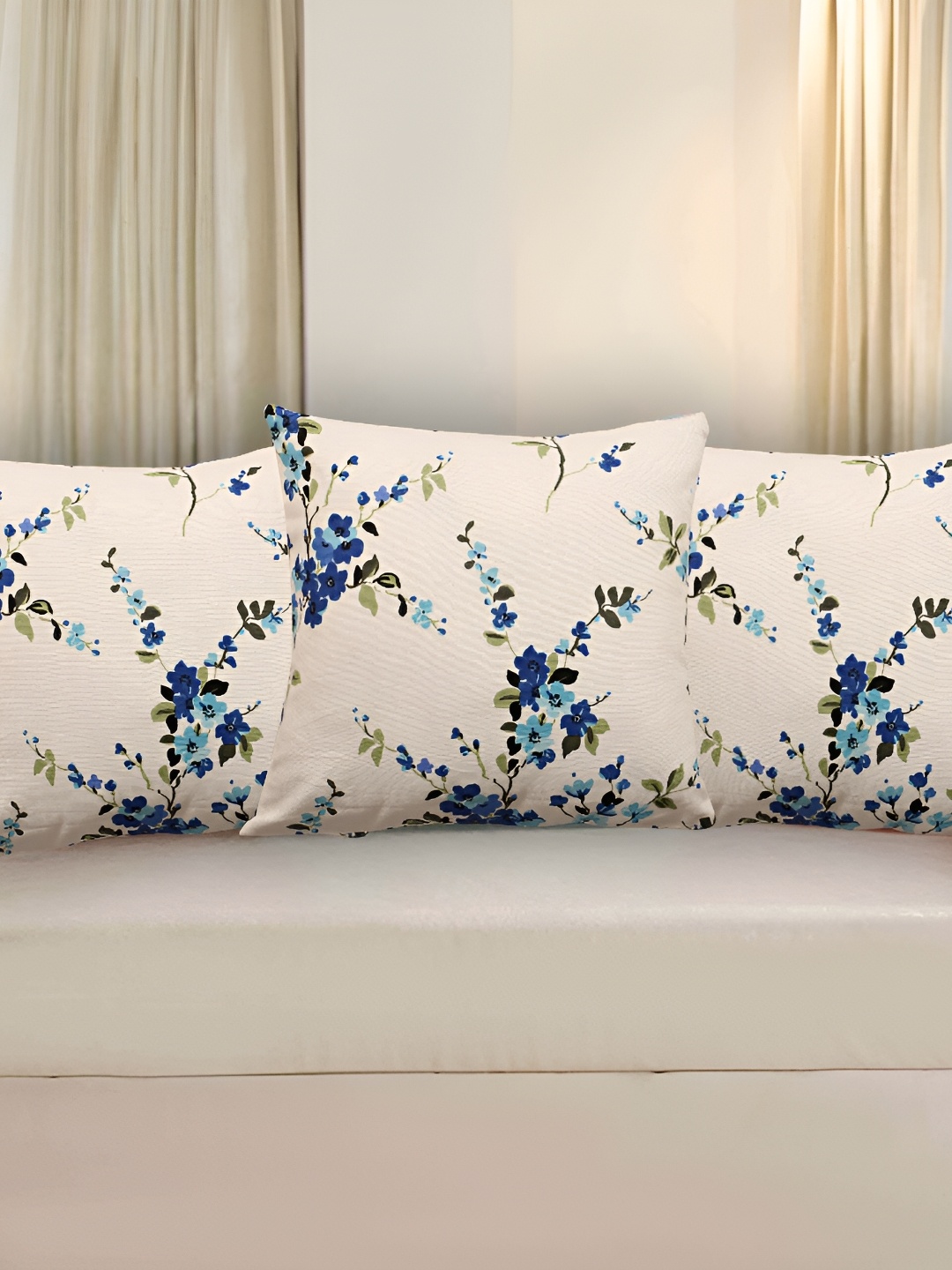 

Texstylers White & Blue 3 Pieces Cotton Floral Square Reversible Cushion Covers