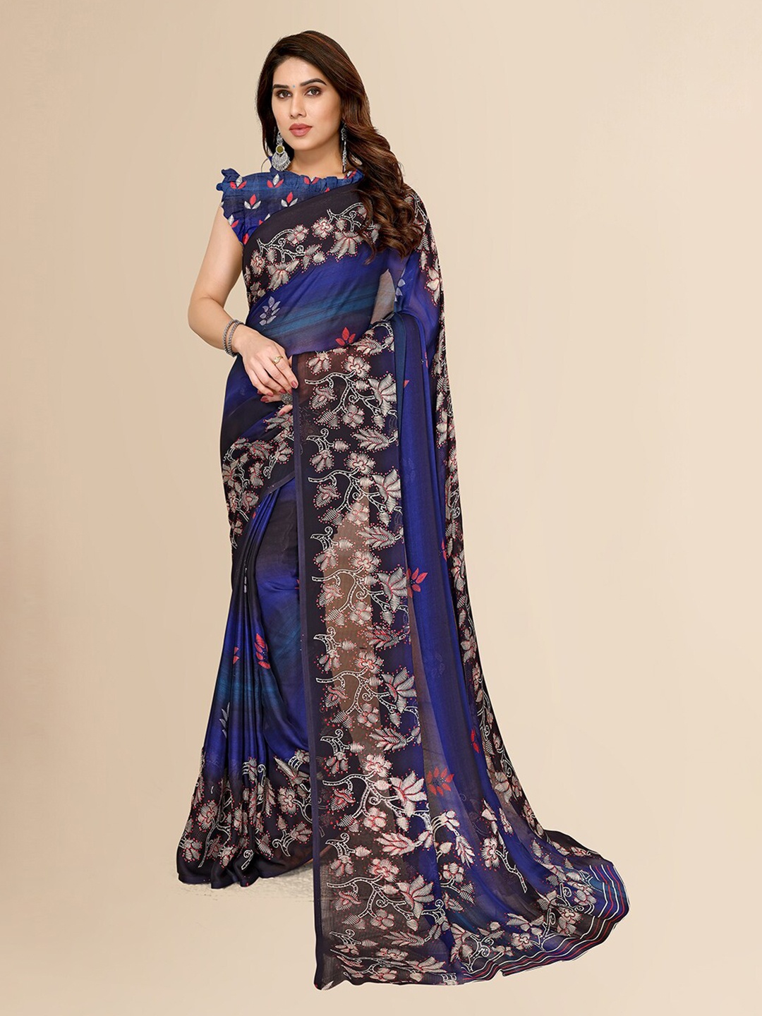 

FABMORA Printed Poly Chiffon Saree, Blue