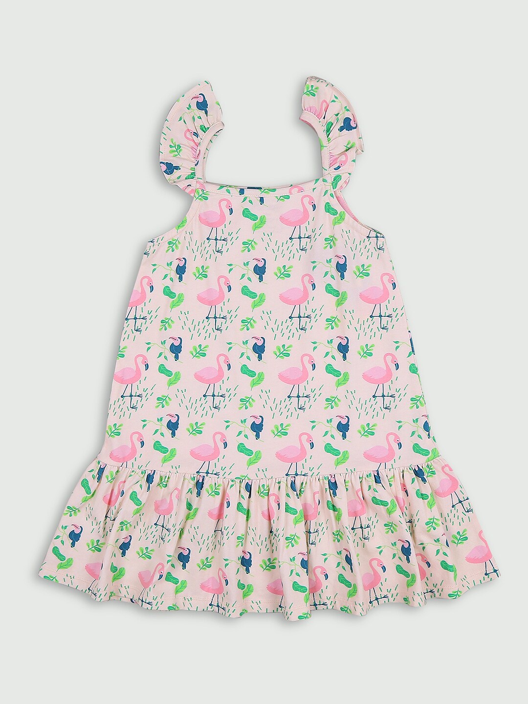 

Ola! Otter Girls Conversational Printed Square Neck Ruffled Organic Cotton A-Line Dress, Pink