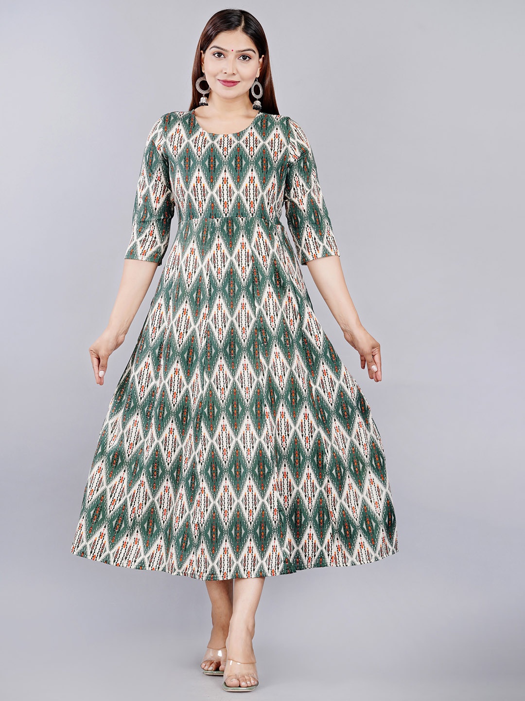 

AAYUMI Geometric Printed Round Neck Gathered Fit & Flare Midi Ethnic Dress, Green