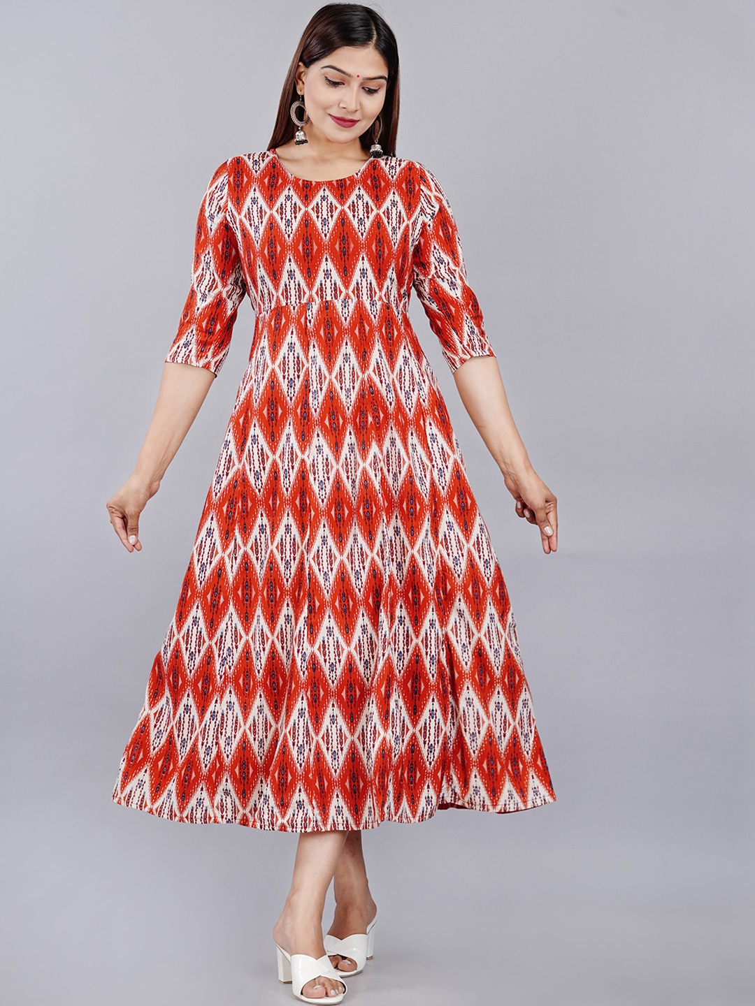 

AAYUMI Geometric Printed Round Neck Gathered Fit & Flare Midi Ethnic Dress, Red