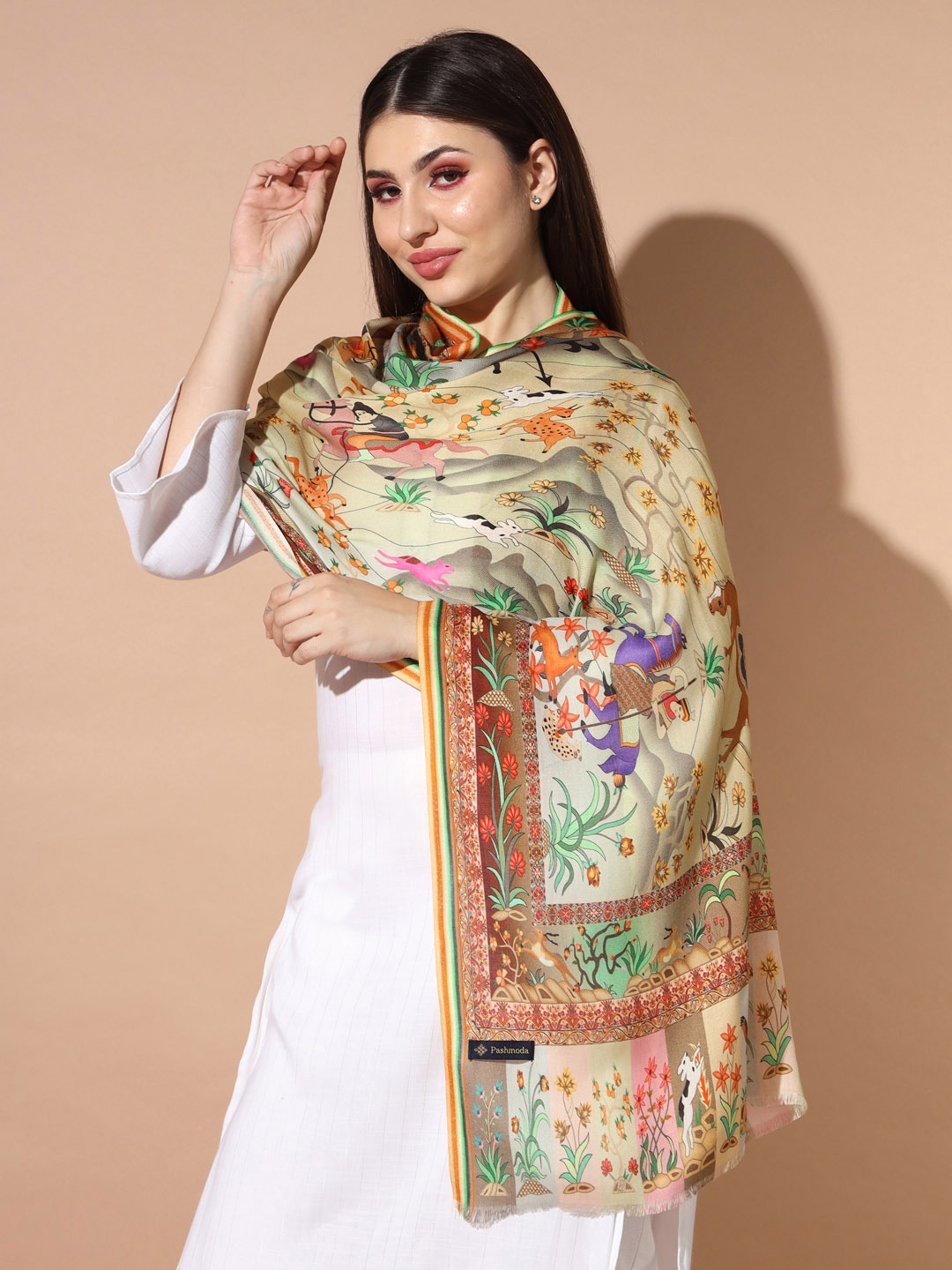 

Pashmoda Women Floral Printed Modal Stole, Beige