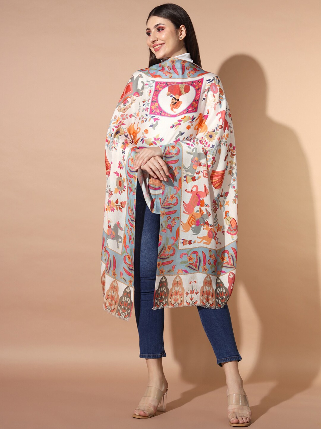 

Pashmoda Ethnic Motifs Printed Modal Stole, White