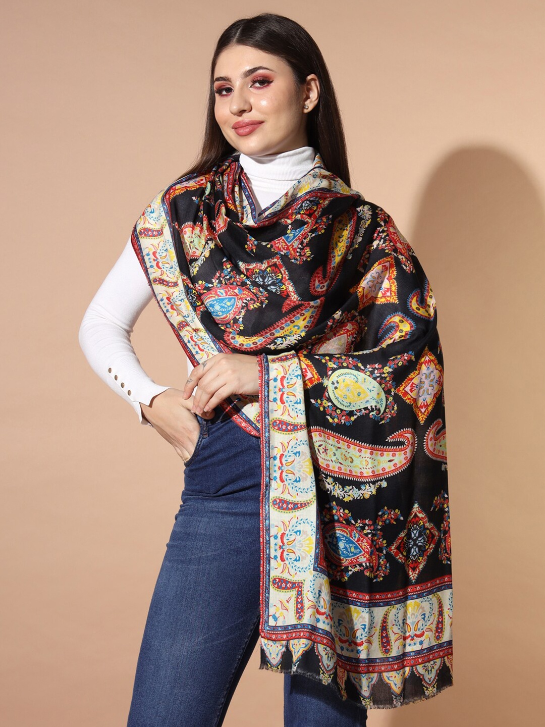 

Pashmoda Paisley Printed Modal Stole, Black