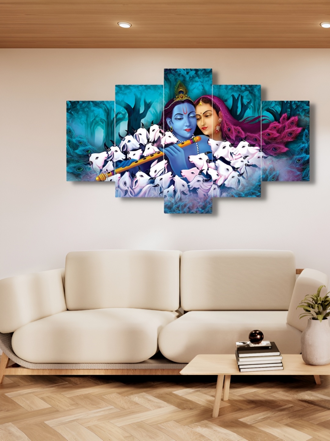 

CHRONIKLE Blue & White 5 Pieces Radha Krishna Wooden Painting Wall Art