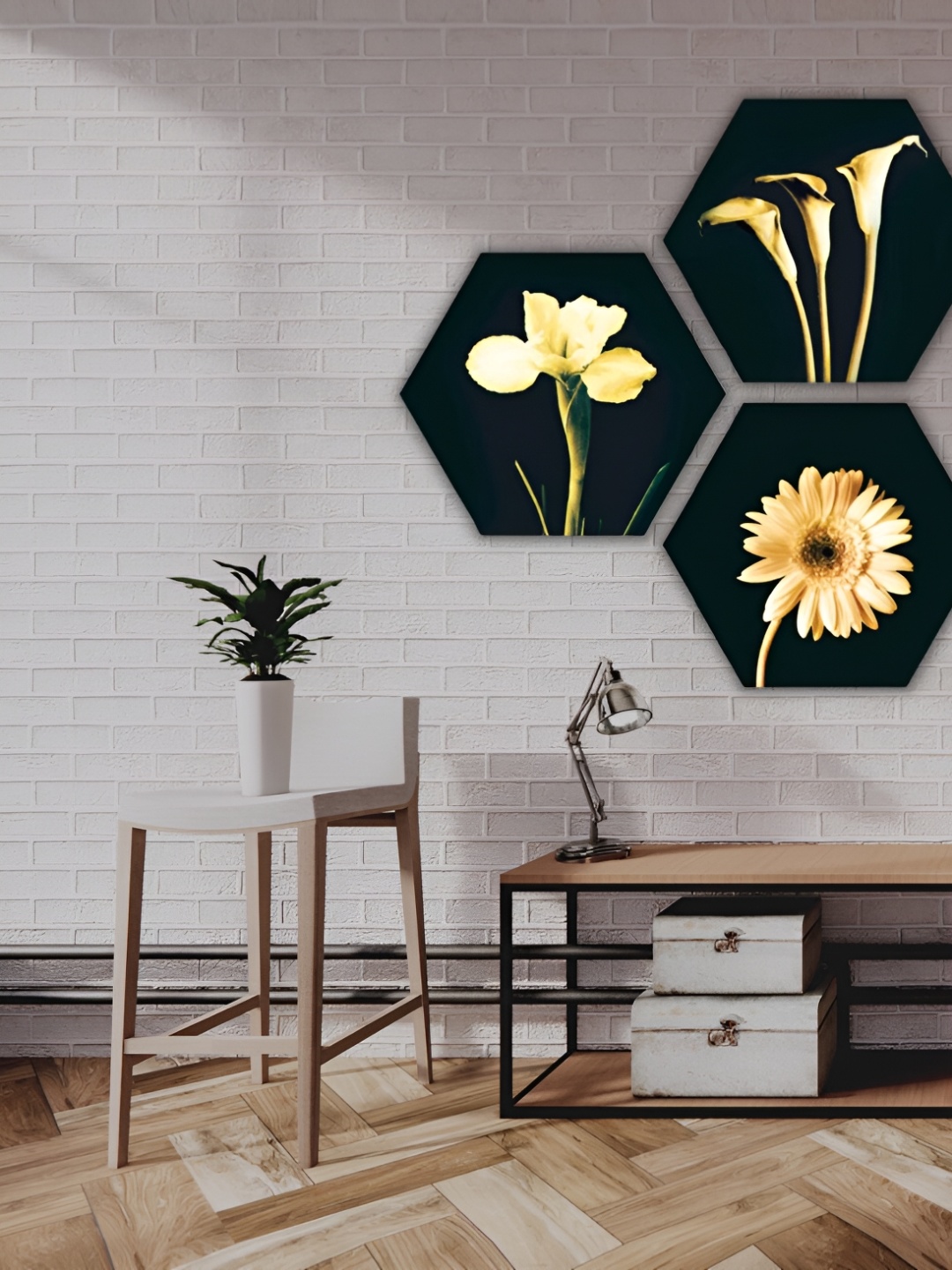 

CHRONIKLE Black & Yellow 3 Pieces Hexagonal Wooden Floral and Botanical Wall Arts