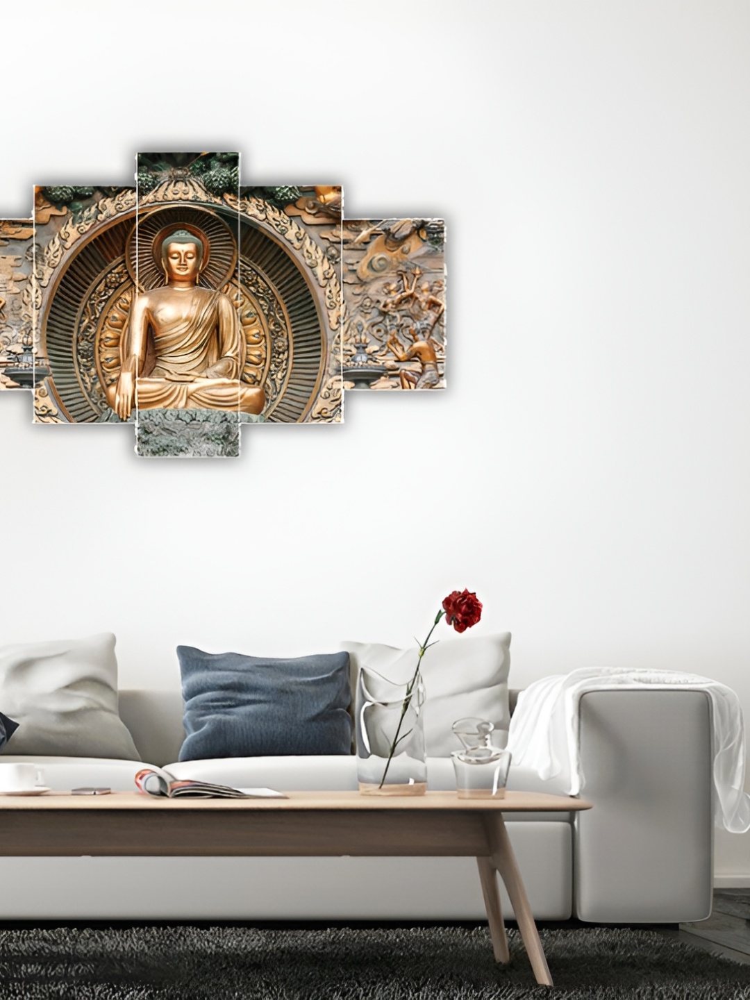 

CHRONIKLE Gold Toned & Grey 5 Pieces Buddha Religious Wooden Painting Wall Arts