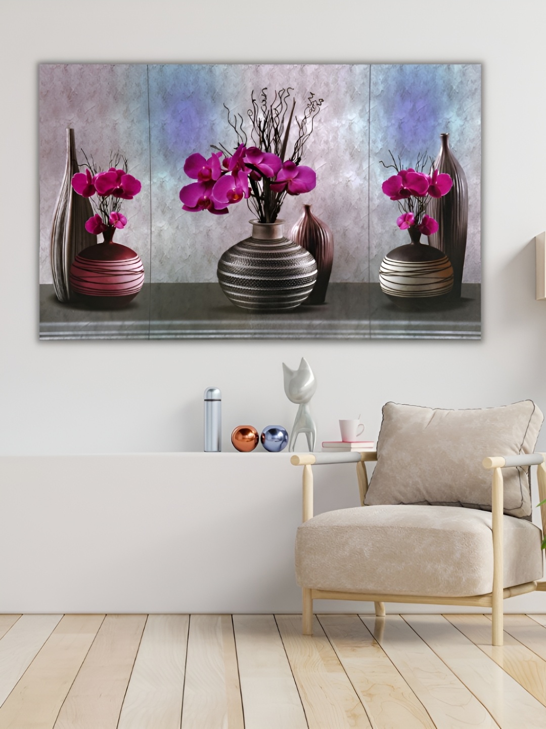 

CHRONIKLE Grey & Pink 3 Pieces Floral and Botanical Wooden Painting Wall Arts