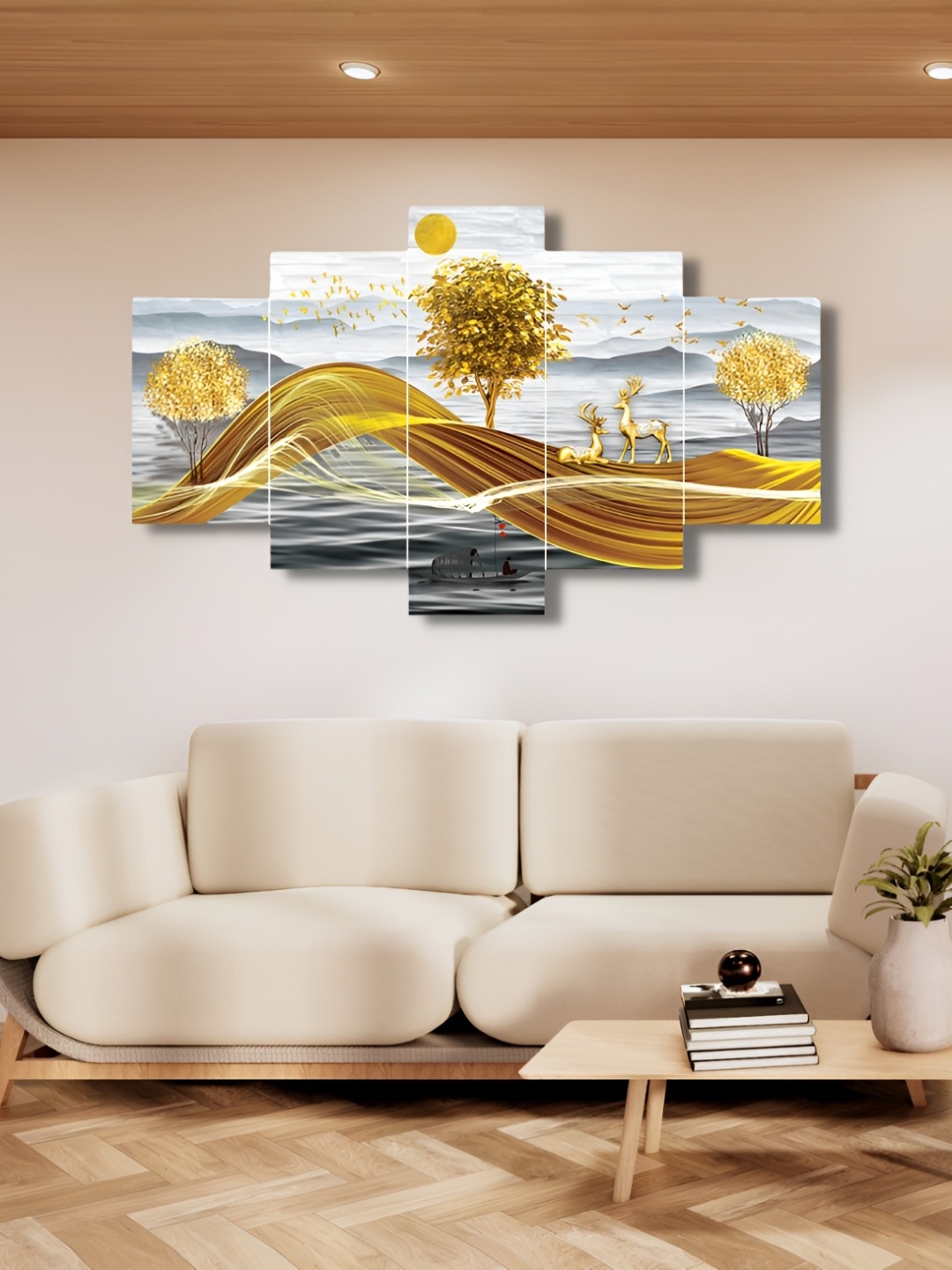 

CHRONIKLE Gold Toned & Grey 5 Piece Wooden Painting Wall Arts