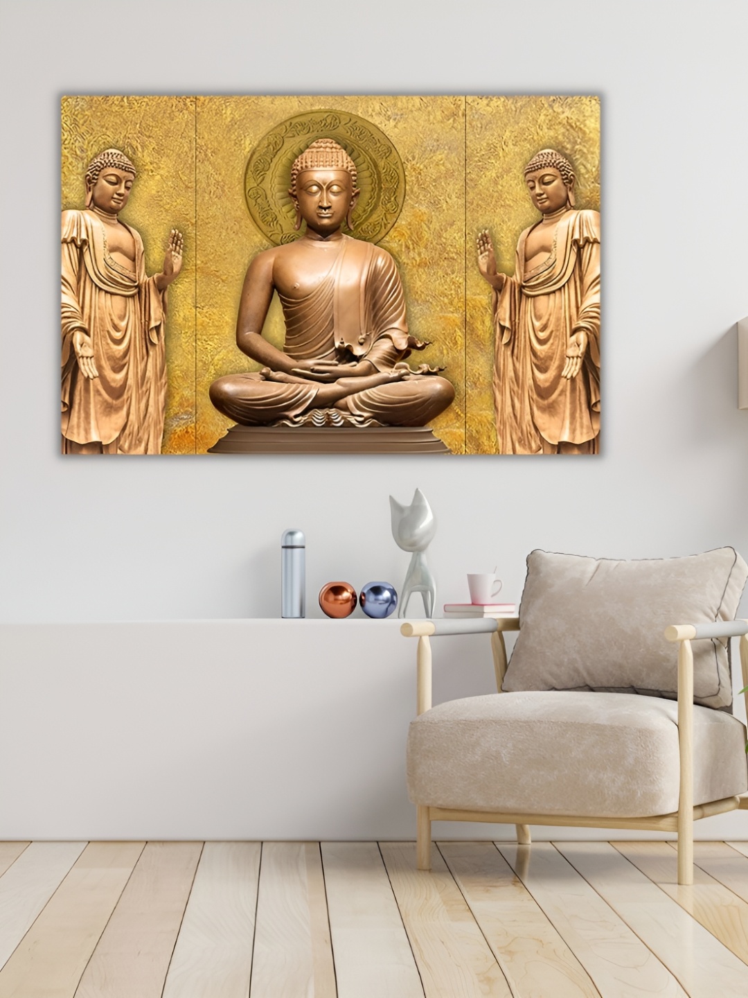 

CHRONIKLE Gold Toned 3 Pieces Buddha Wooden Painting Wall Arts