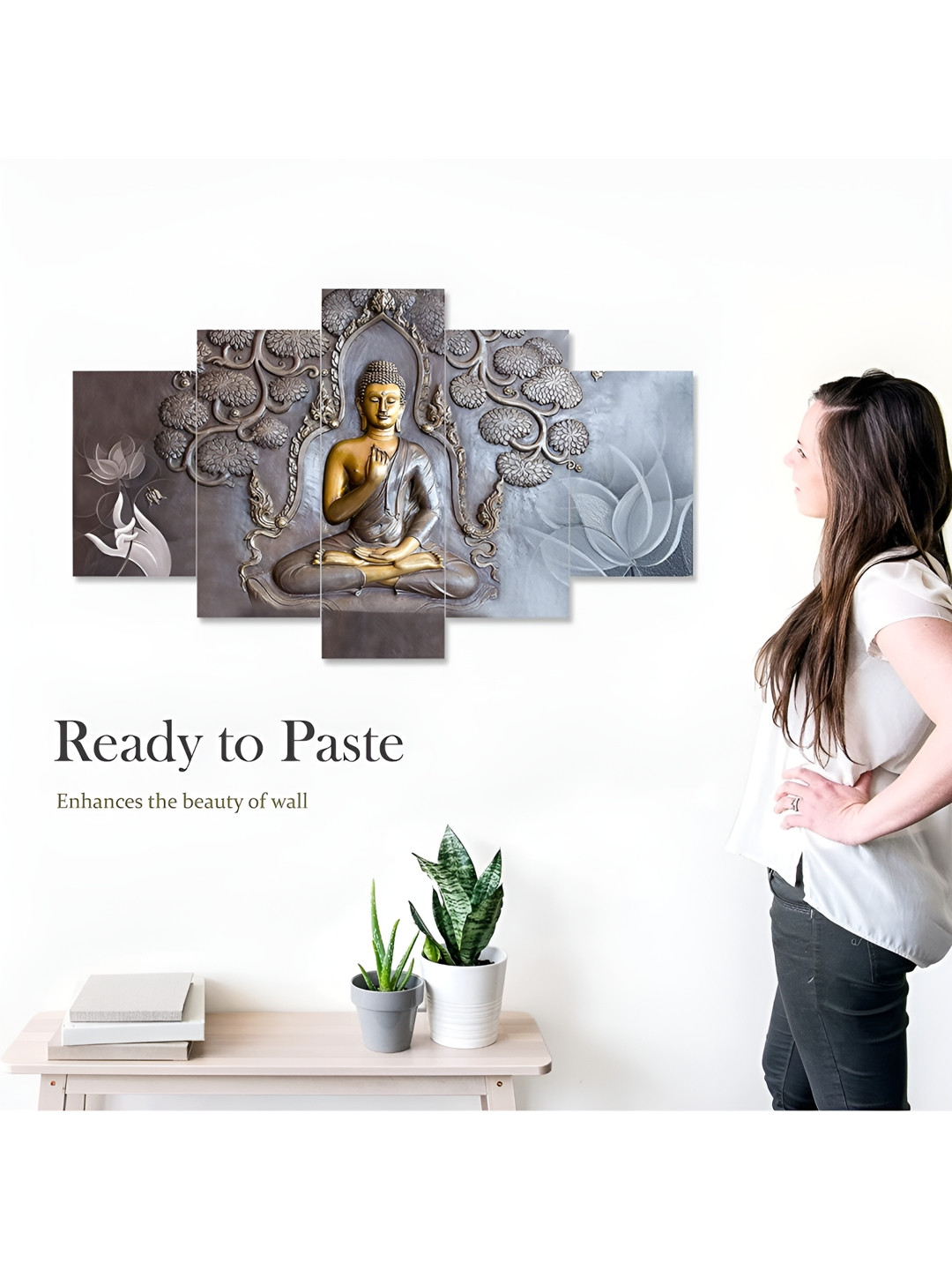 

CHRONIKLE Grey & Gold Toned 5 Pieces Textured Buddha Religious Painting Wall Arts