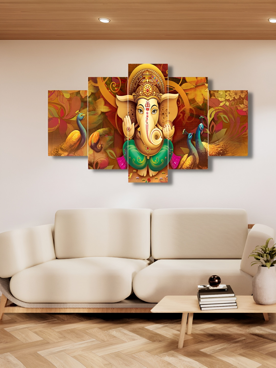 

CHRONIKLE Brown & Green 5 Piece Lord Ganesha Religious Painting Wall Arts