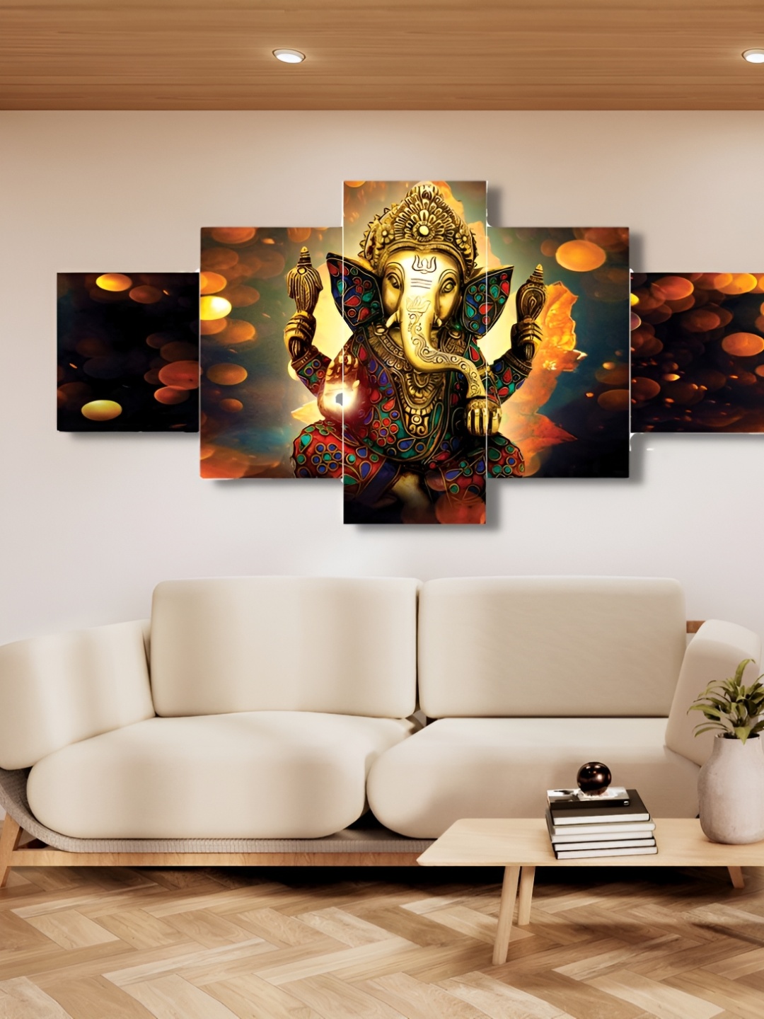 

CHRONIKLE Gold Toned & Orange 5 Pieces Lord Ganesha Religious Painting Wall Arts