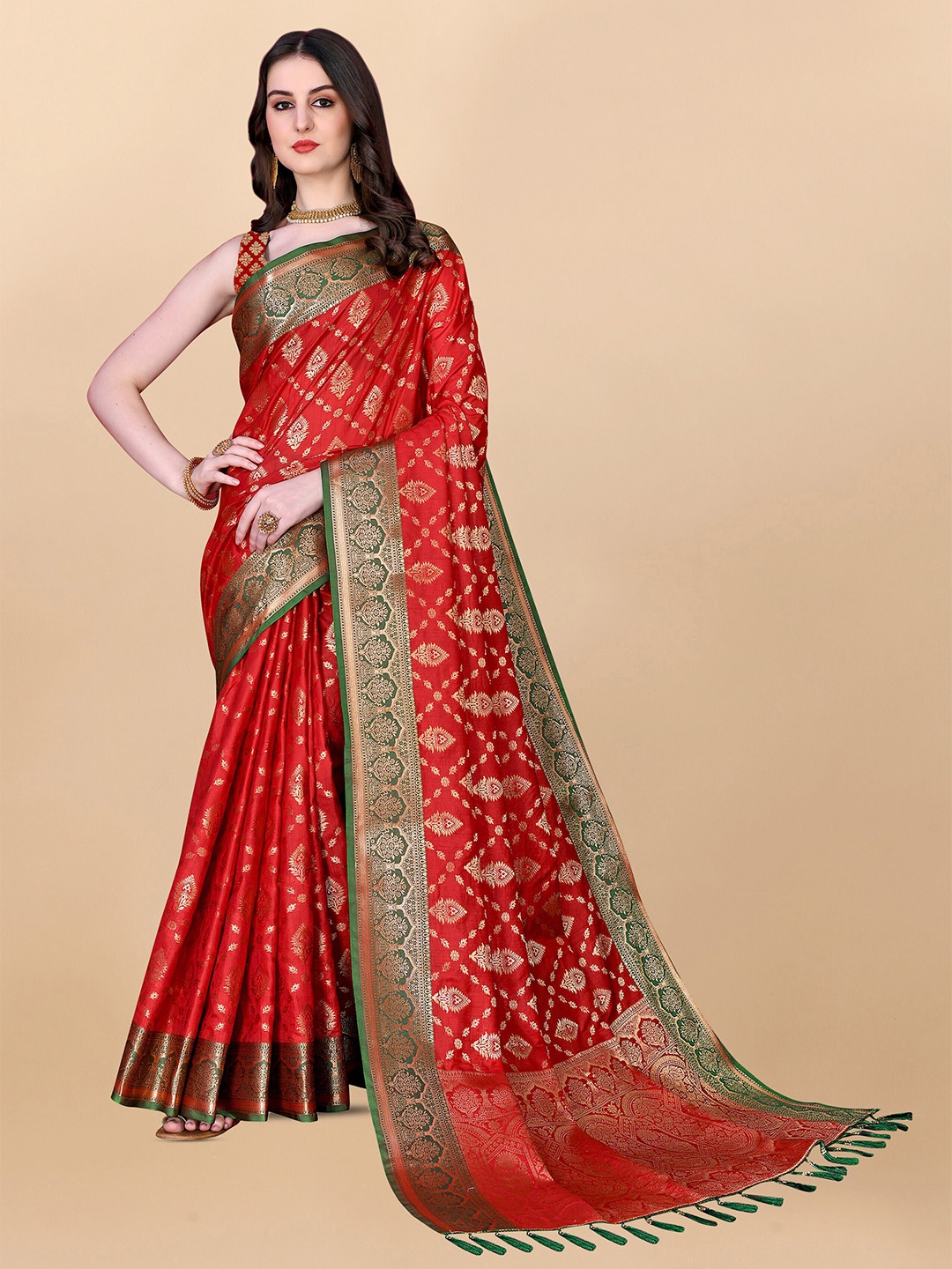 

ZIBLON Ethnic Motif Woven Design Zari Kanjeevaram Saree, Red