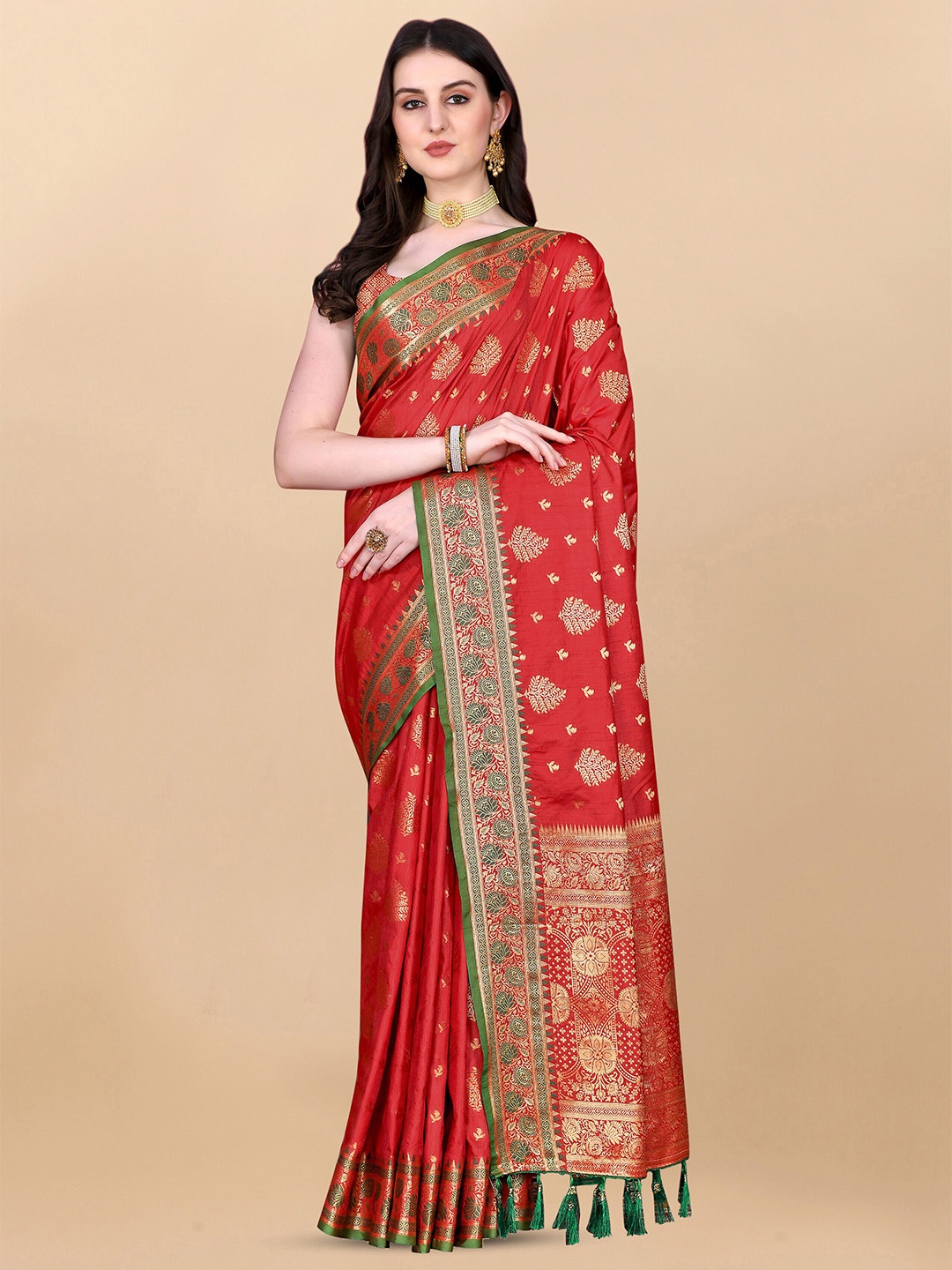 

ZIBLON Ethnic Motifs Woven Design Zari Art Silk Kanjeevaram Saree, Red