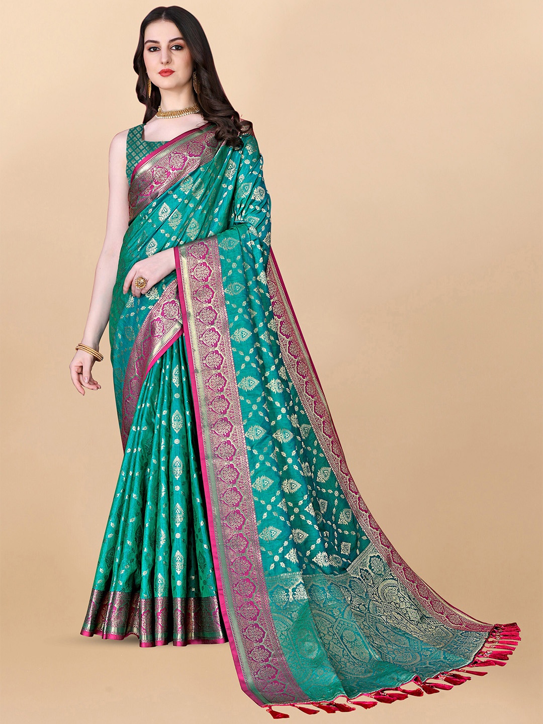 

ZIBLON Ethnic Motifs Woven Design Zari Kanjeevaram Saree, Green