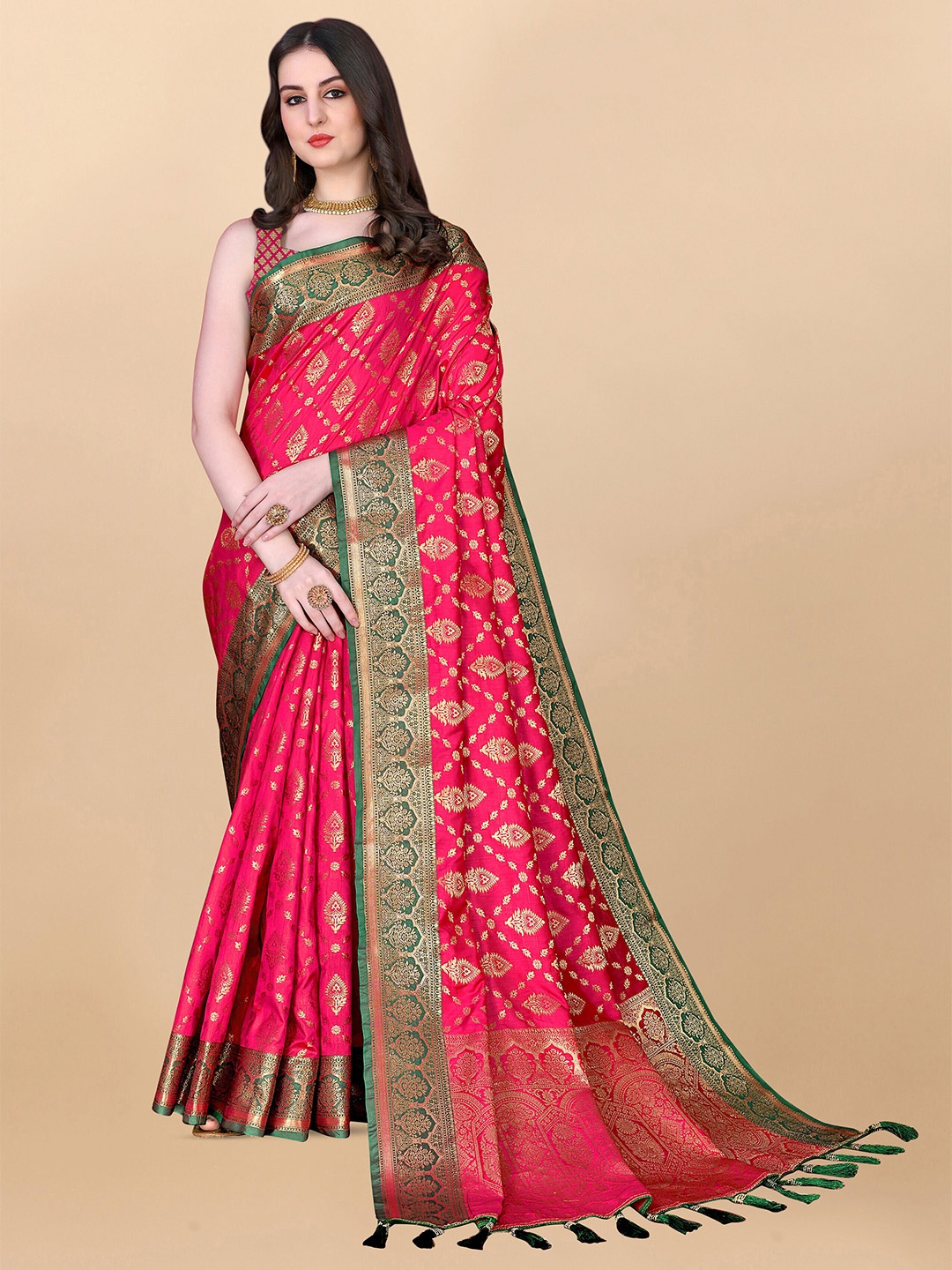 

ZIBLON Ethnic Motifs Woven Design Zari Kanjeevaram Saree, Pink