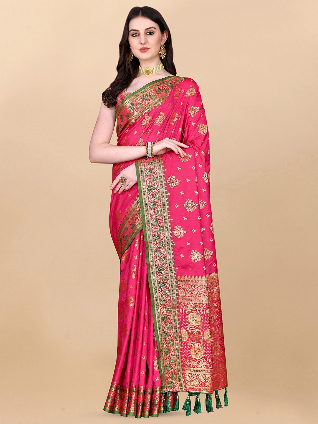 

ZIBLON Ethnic Motif Woven Design Zari Kanjeevaram Saree, Pink