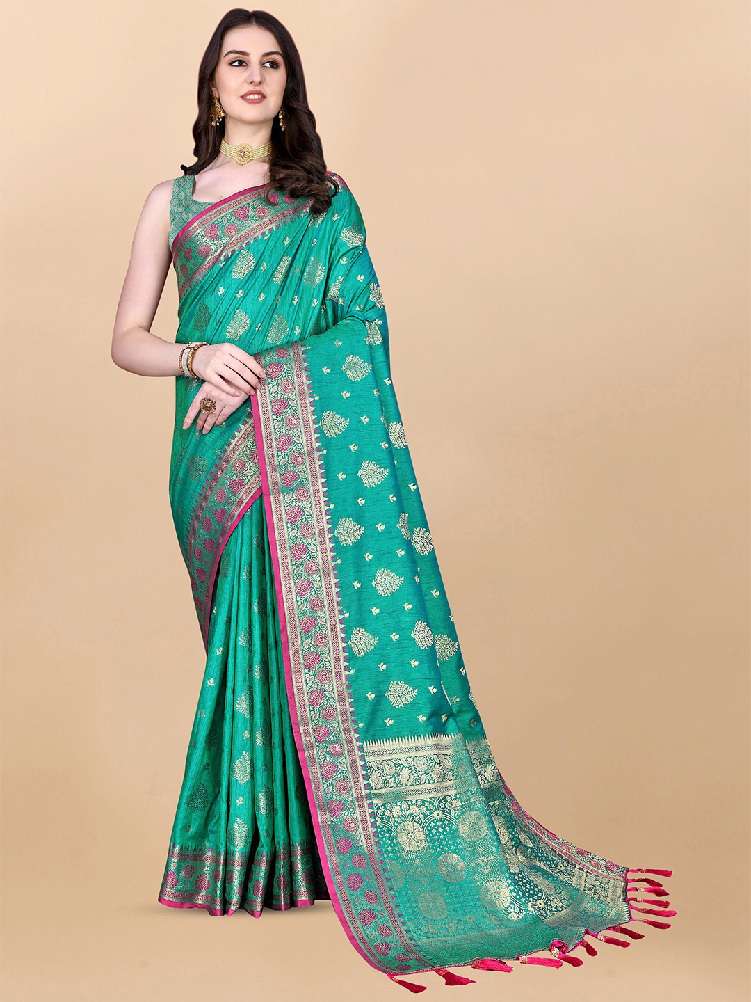 

ZIBLON Ethnic Motifs Woven Design Zari Kanjeevaram Saree, Green