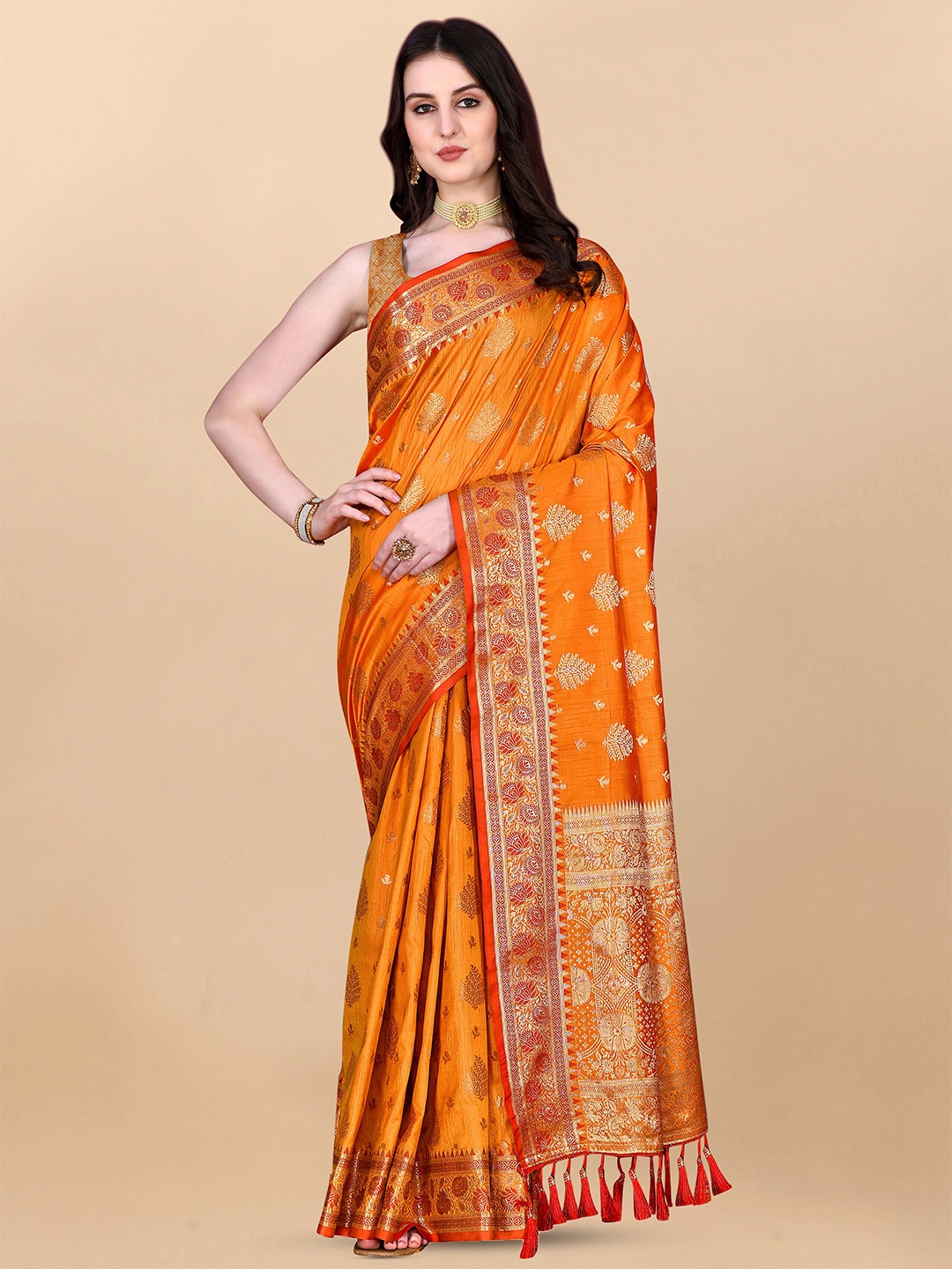 

ZIBLON Ethnic Motifs Woven Design Zari Kanjeevaram Saree, Orange