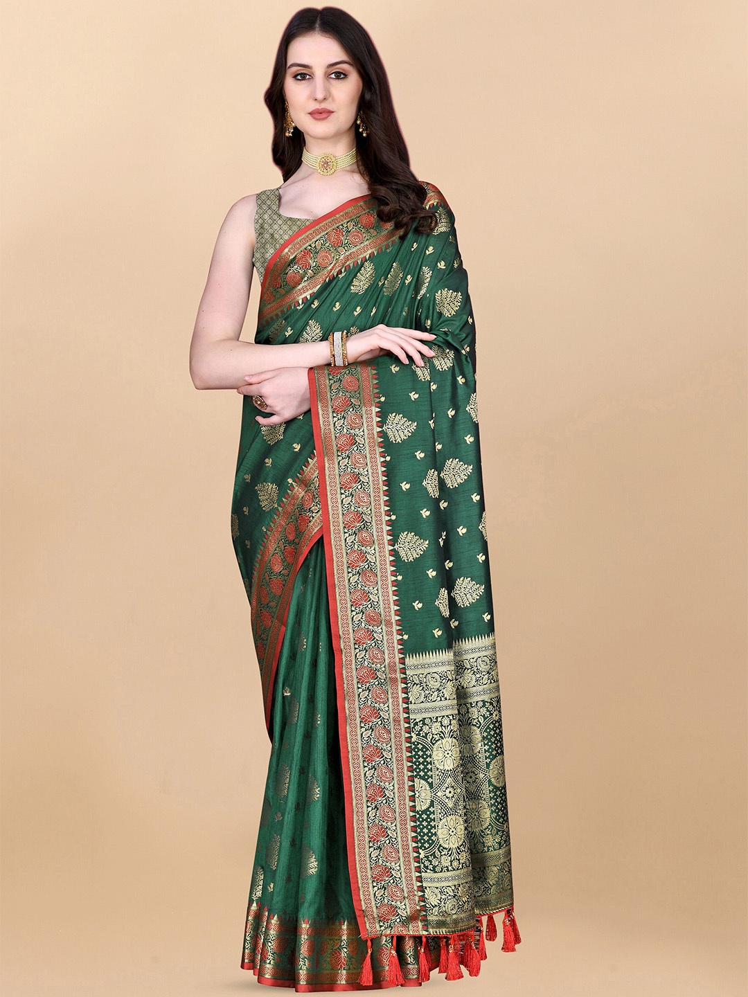 

ZIBLON Ethnic Motif Woven Design Zari Kanjeevaram Saree, Green