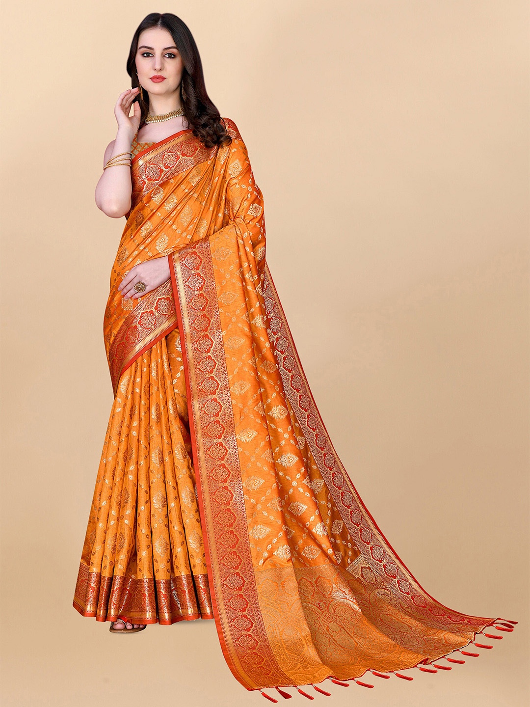 

ZIBLON Ethnic Motifs Woven Design Zari Kanjeevaram Saree, Mustard