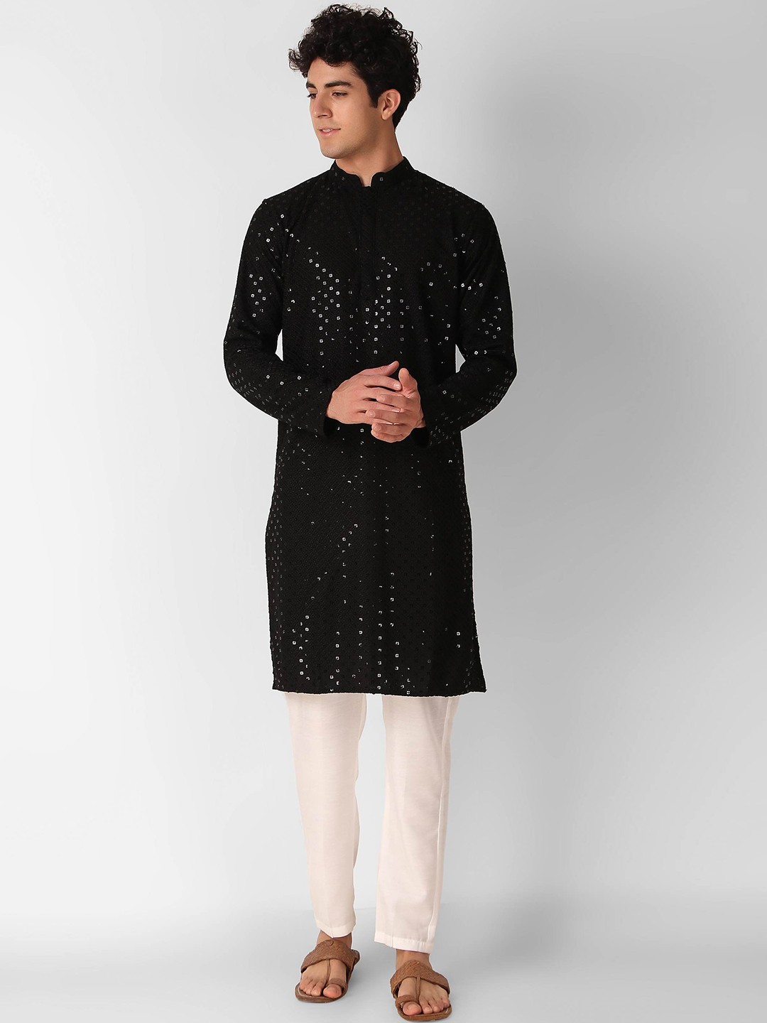 

Cult Indie Mandarin Collar Embroidered Sequinned Straight Pure Cotton Kurta, Black