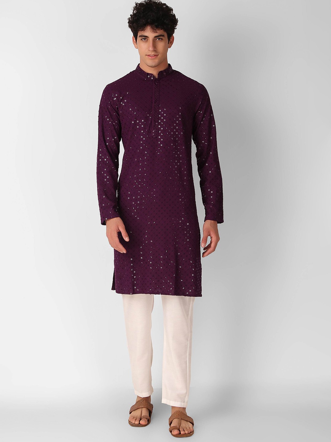 

Cult Indie Mandarin Collar Embroidered Sequinned Straight Pure Cotton Kurta, Purple